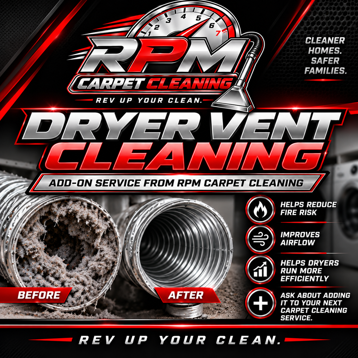 RPM Carpet Cleaning ad for dryer vent cleaning, red-and-black design with before/after vent photos and service benefits