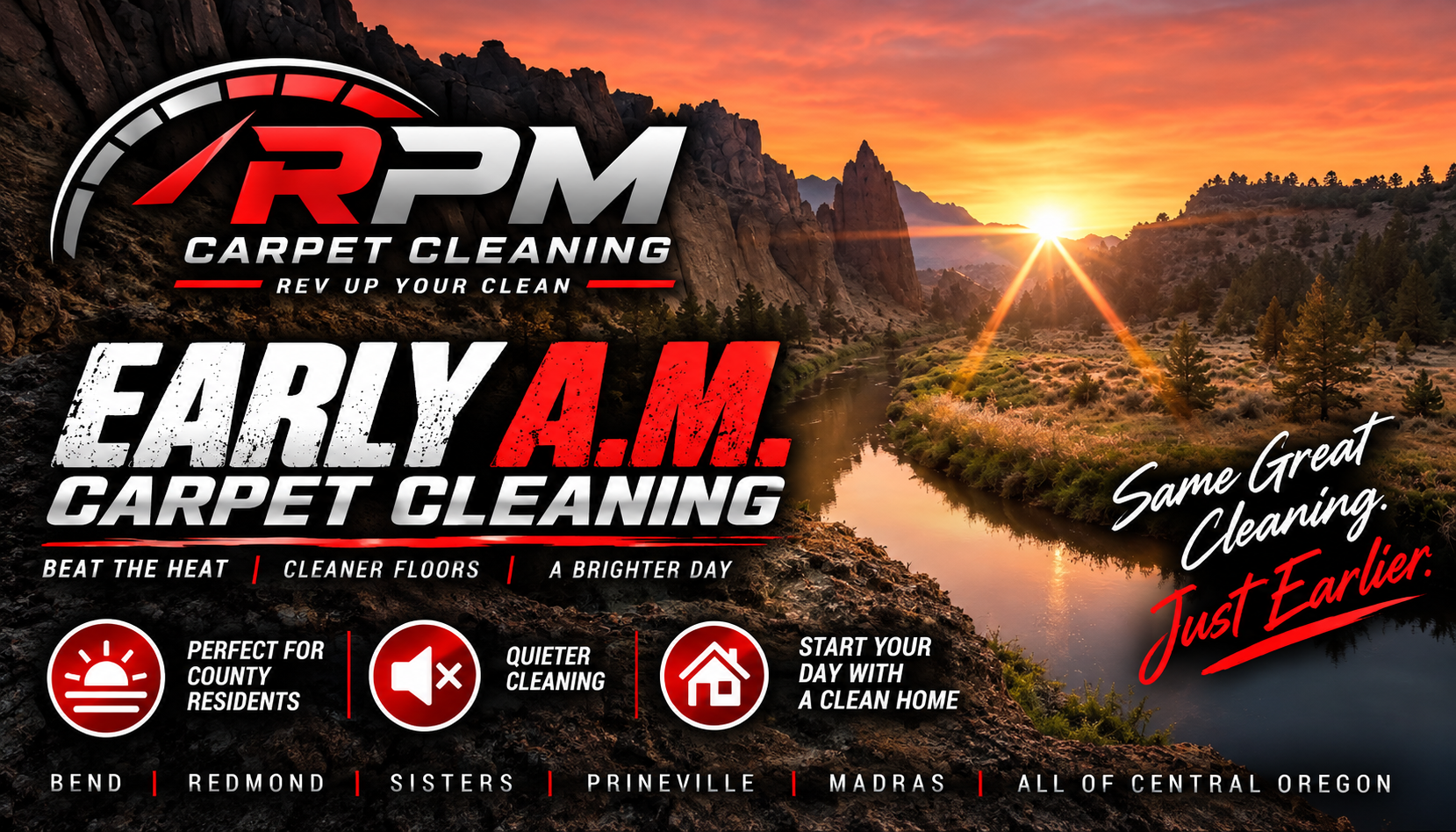 RPM Carpet Cleaning ad with sunrise over mountains and bold “Early A.M. Carpet Cleaning” text