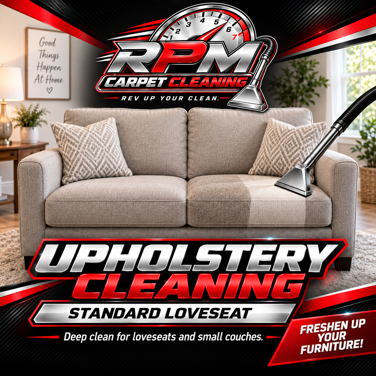 RPM Carpet Cleaners ad for upholstery cleaning, showing a beige sofa in a bright living room.