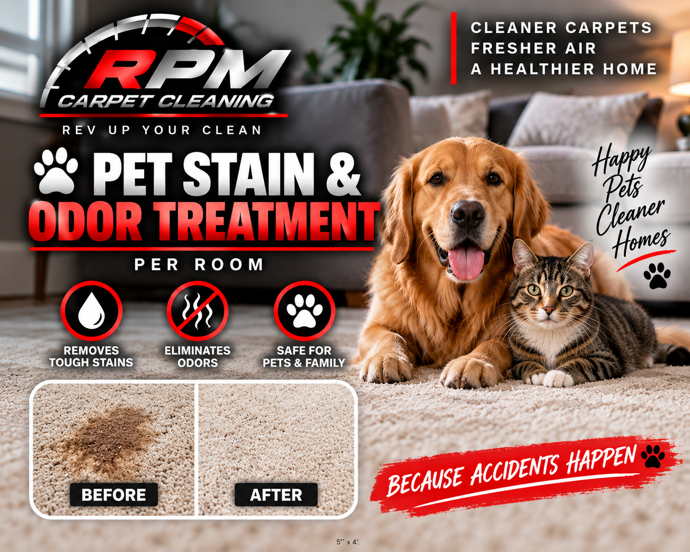 Pet stain and odor treatment ad with dog, cat, before/after carpet panels, and RPM Carpet Cleaning branding