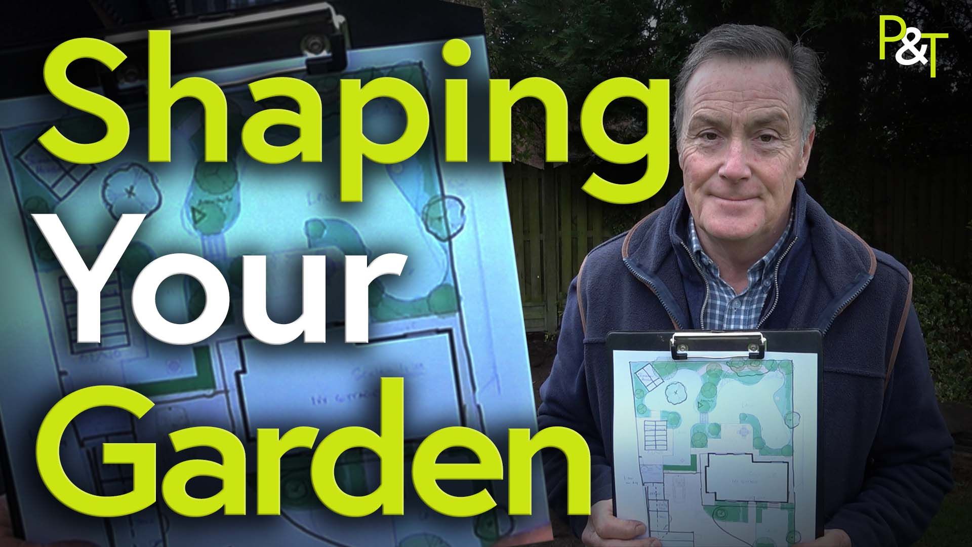 Martin Fish holding a clipboard with a sketched plan of the new layout of the back garden. inset is a closeup of the clipboard and plan and overlaid are the words 