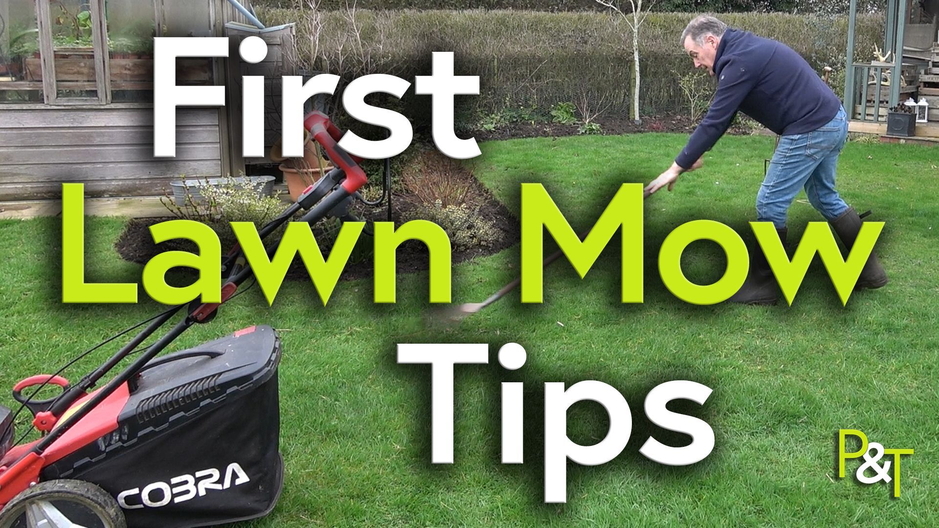 Wide shot of a lawn - at the top right raking the grass is Martin Fish. Bottom left is a red electric scarifier machine, with a black collection bag. Across the middle of the image is large text in white and green saying First Lawn Mow Tips.