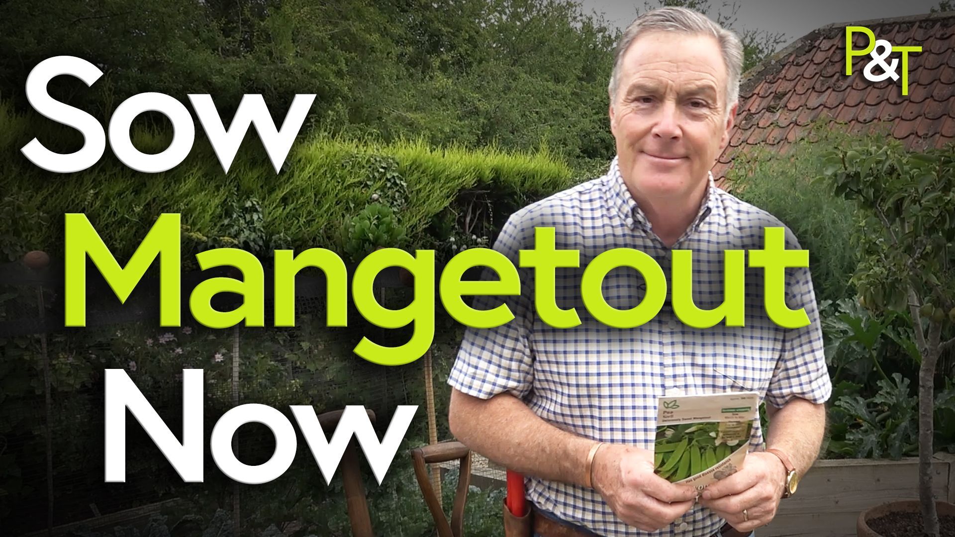 Martin Fish pictured on the right of the frame is holding a packet of seeds and is wearing a check shirt. He's standing in a garden and we see him from the waist upwards. On the left of the frame is the text Sow Mangetout Now in green and white. 