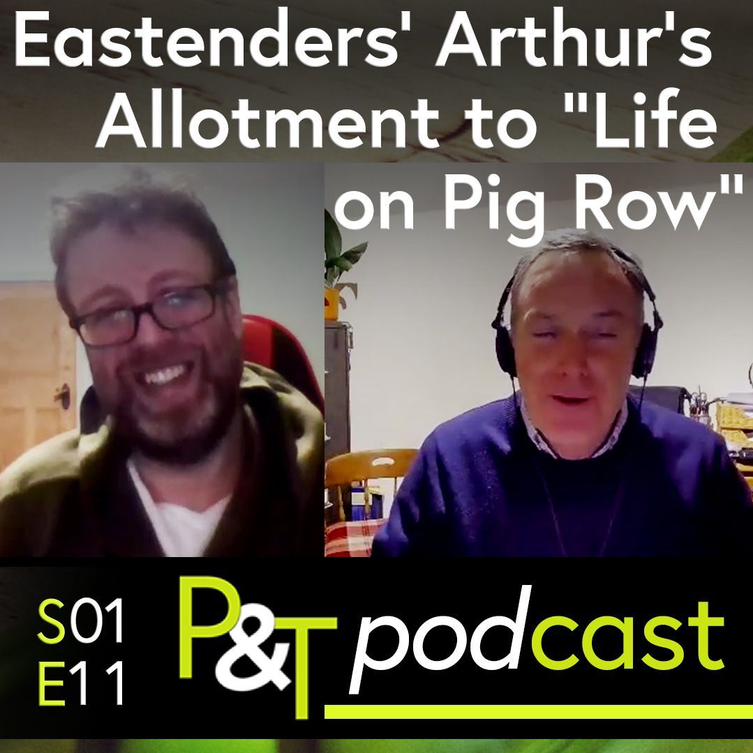 Andrew Oldham from Life on Pig Row on a Zoom call with Martin Fish - the words 'Eastenders' Arthur's Allotment to 