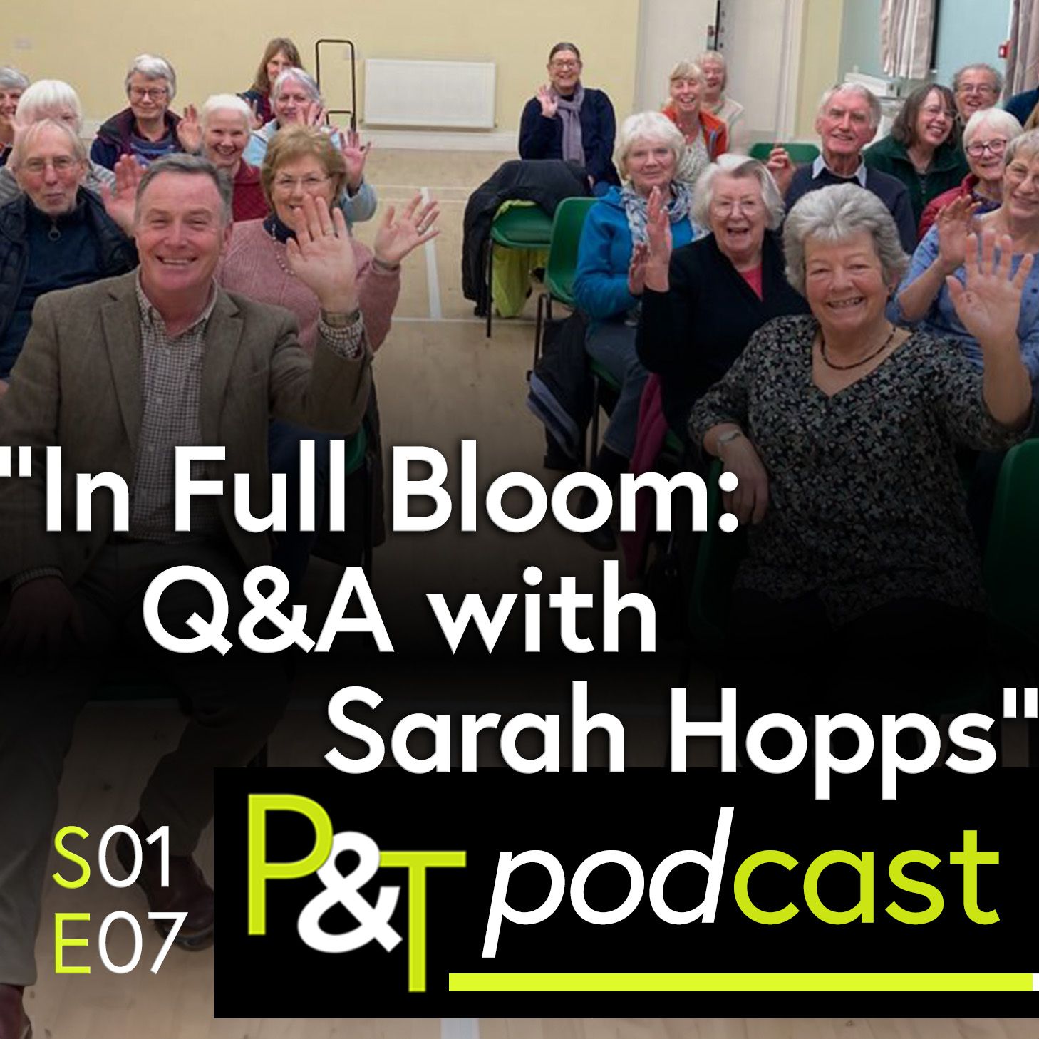 Martin Fish and Sarah Hopps sit in a room full of garden lovers from Hunton Garden Club. The text 
