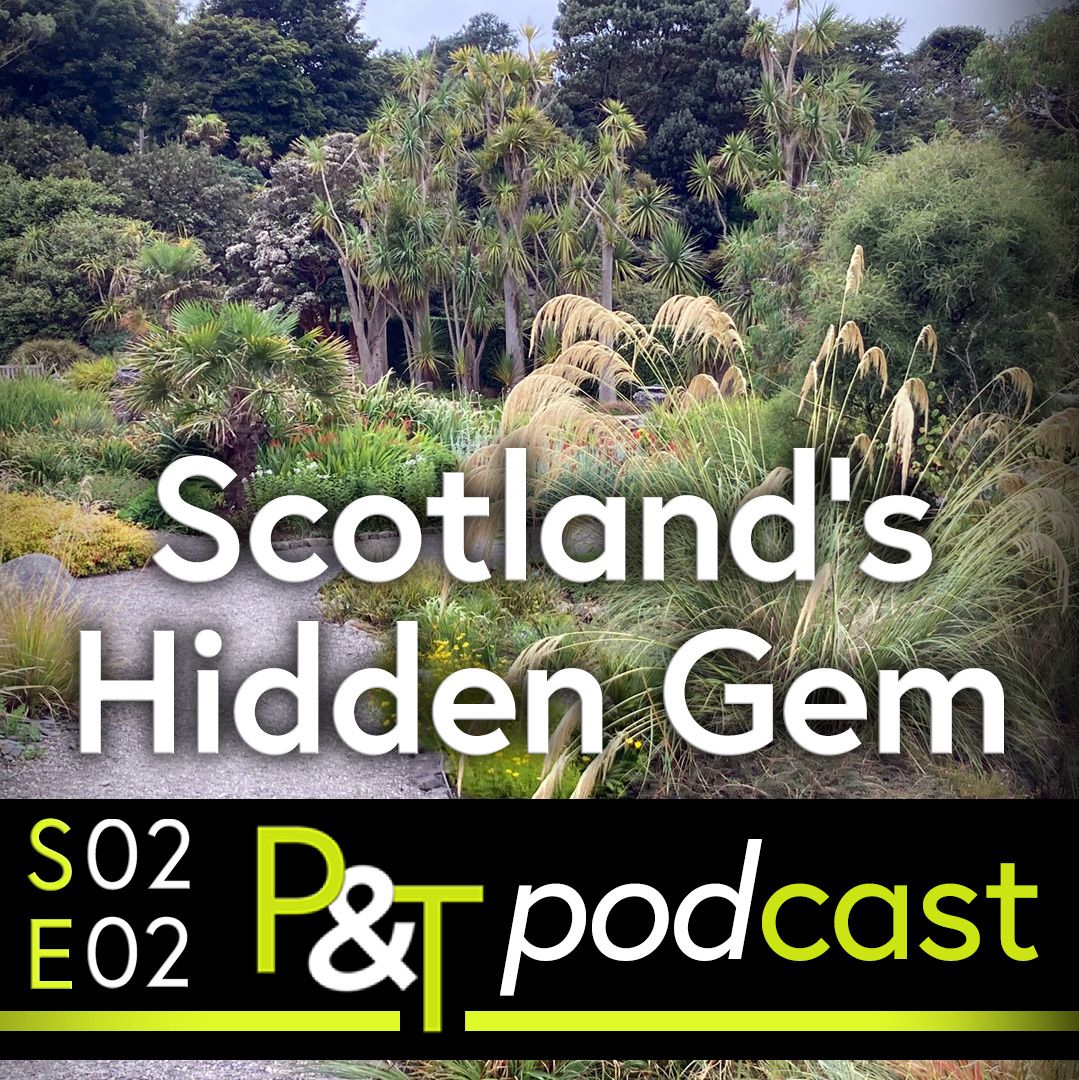 Wide angle shot of a garden at Logan House in Scotland with some tropical plants. The text Scotlands Hidden Gem in white and the PT logo and episode details in green and white. 