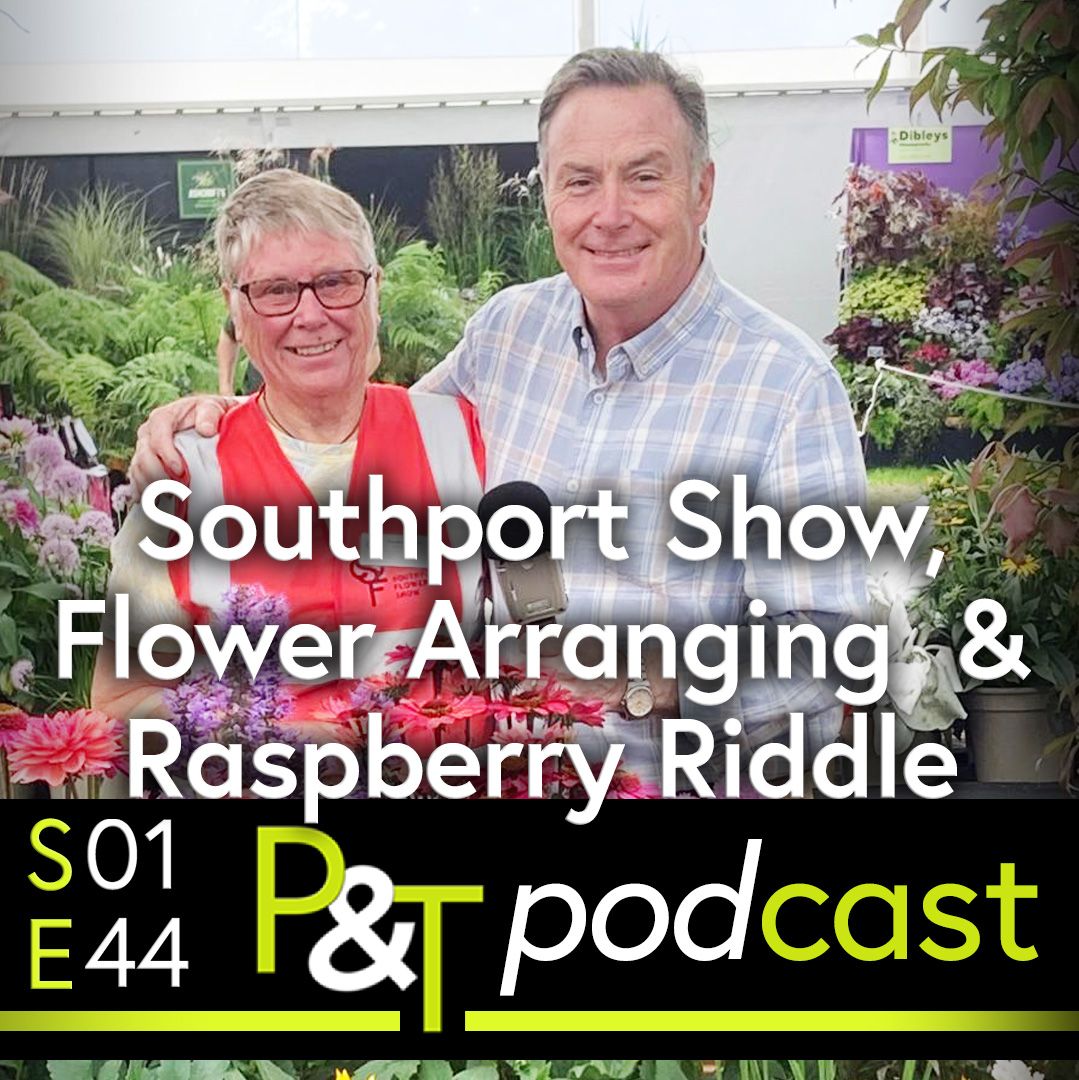 Martin and Pauline in the grand floral marquee at Southport Flower Show. The text of the title and the episode details are picked out in green and white. 