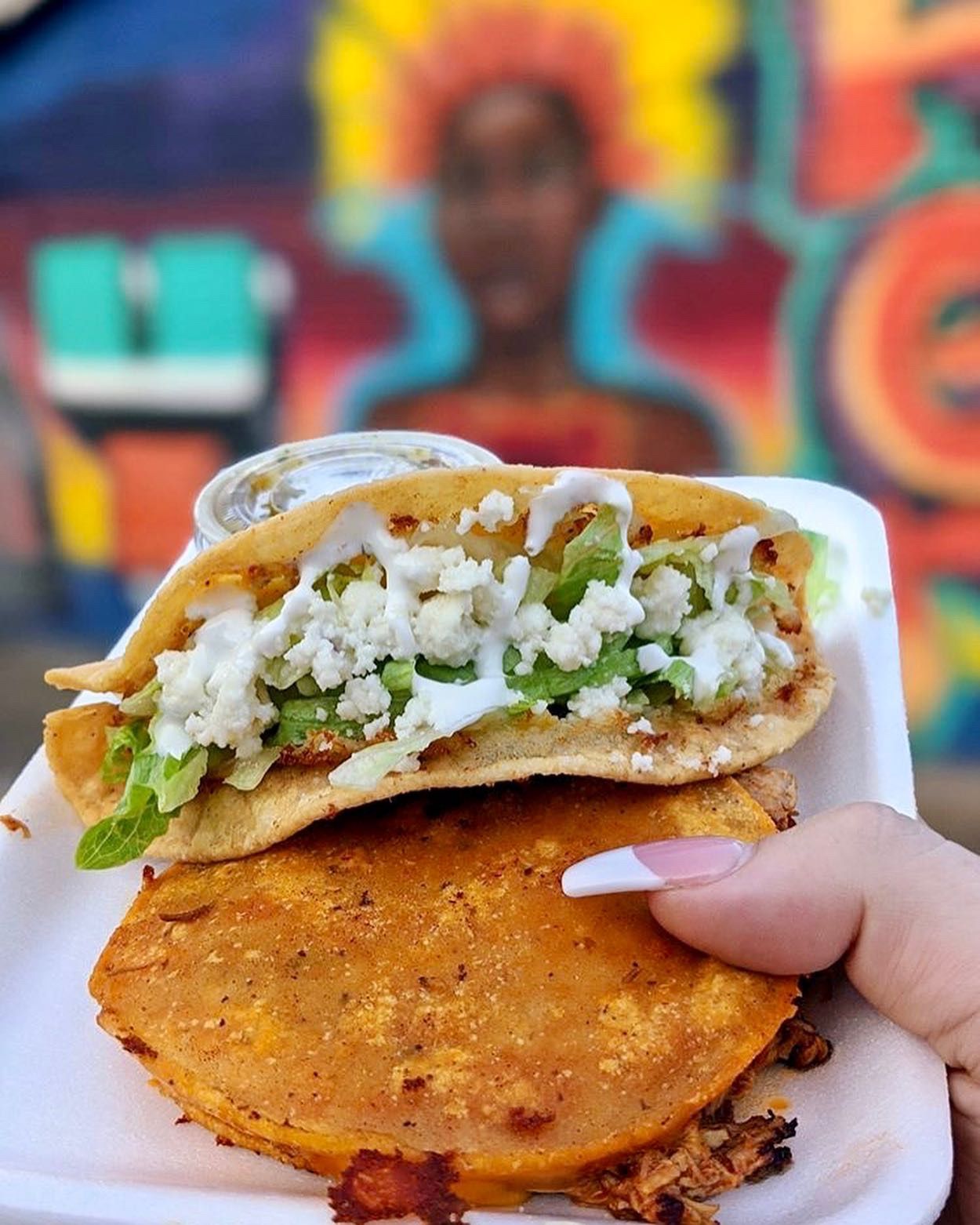 Fried potato taco and chicken tinga quesadilla at chubasco tacos in phoenix. Taco catering near me.
