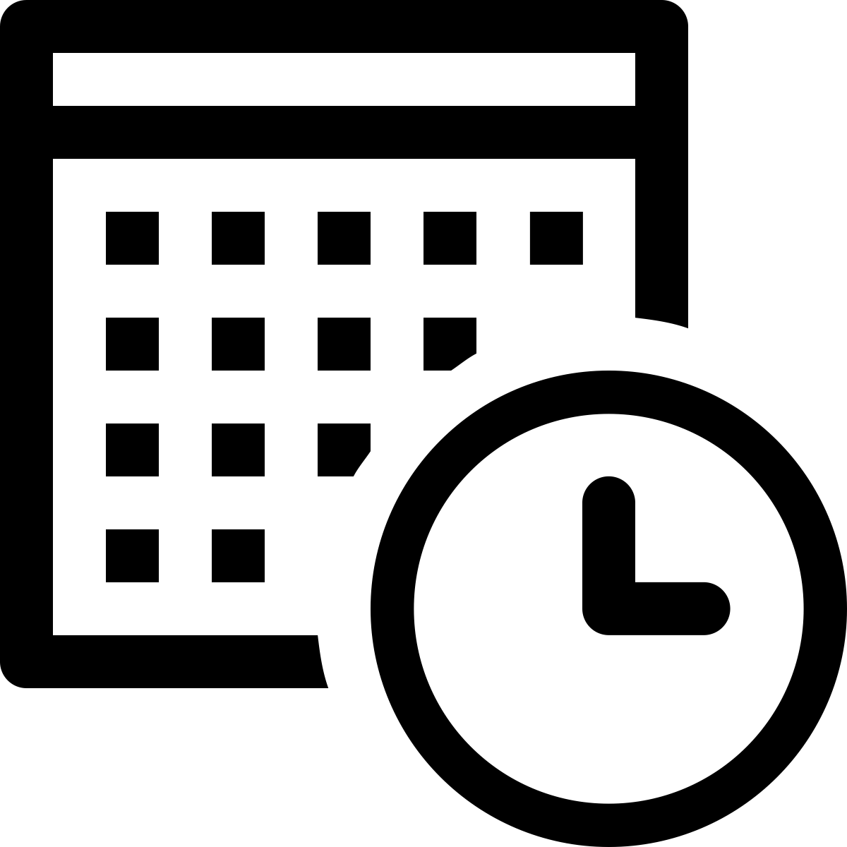 A black and white icon of a calendar and a clock.