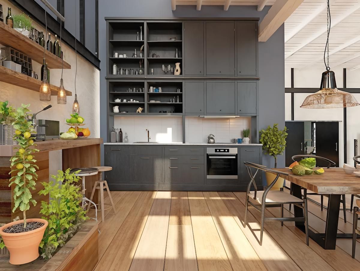 A Kitchen With Black Cabinets and a Wooden Floor — CK Cabinetry in Coolum Beach, QLD
