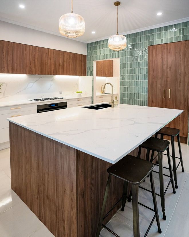 Modern Kitchen With White Island, Wood Cabinets, Green Tile Backsplash — CK Cabinetry in Coolum Beach, QLD
