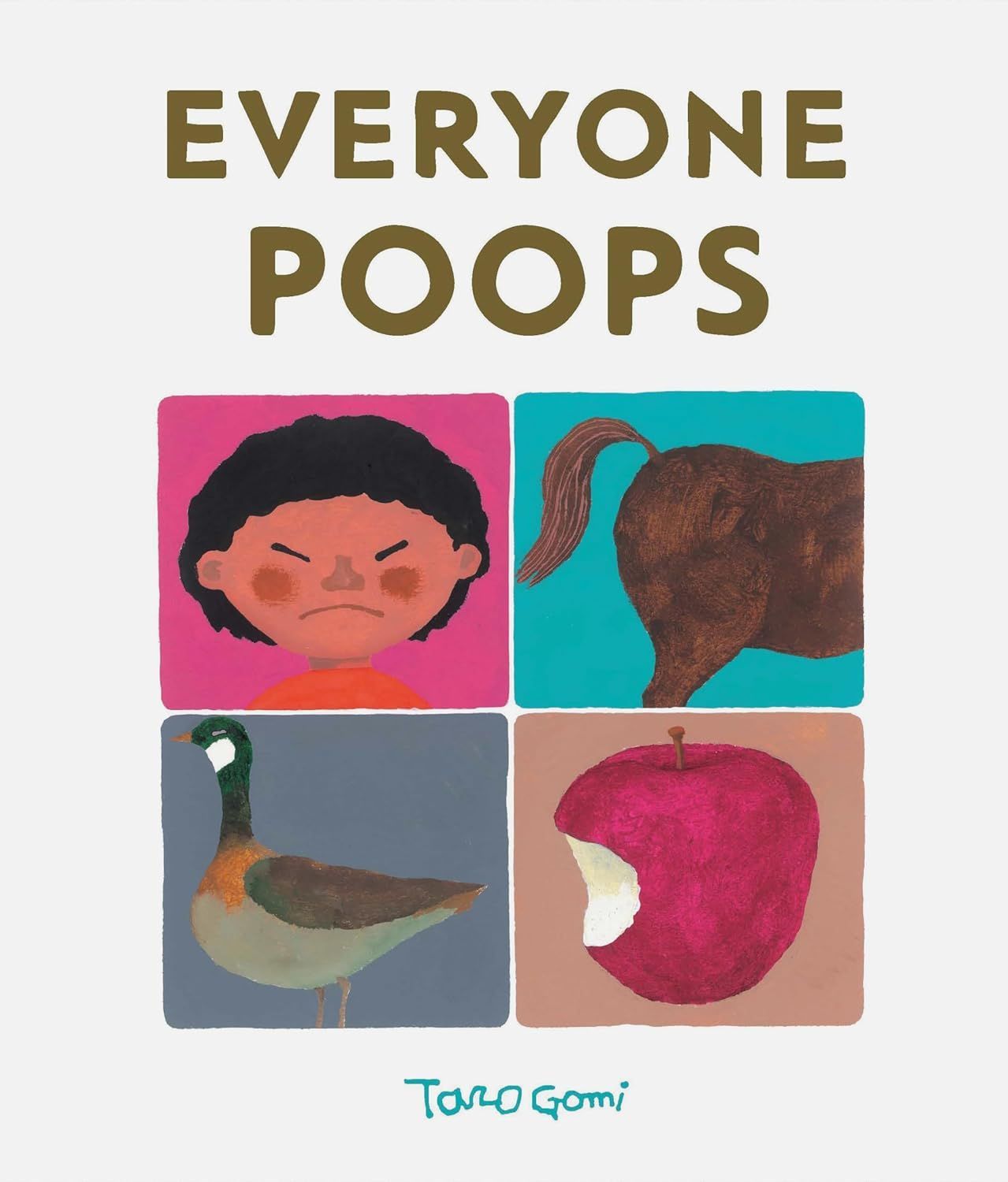 A book called everyone poops shows a boy a duck an apple and a horse