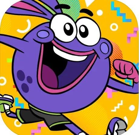 A purple cartoon character is smiling on a yellow background