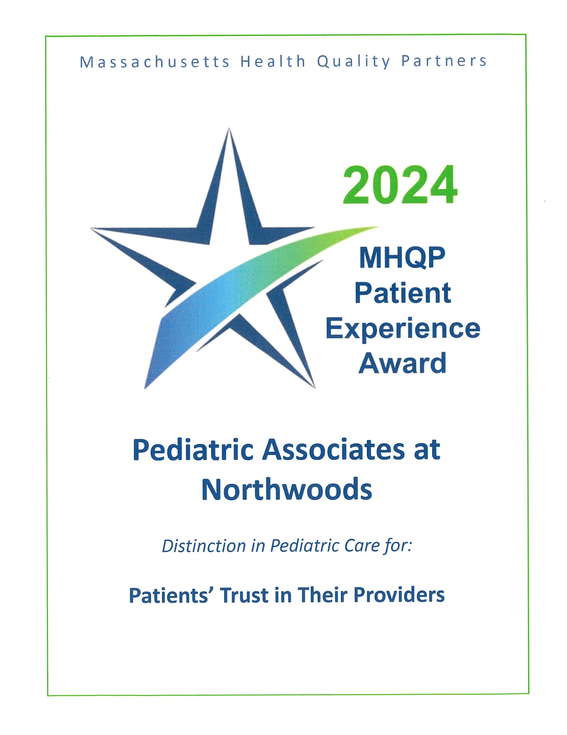 2024 MHQP Patient Experience Award for Pediatric Associates at Northwoods, blue and green star logo