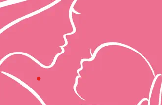A drawing of a woman and a baby on a pink background.