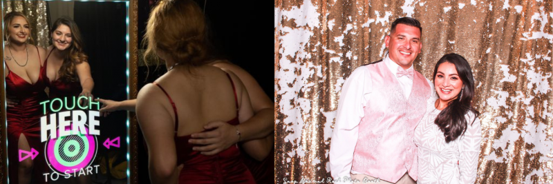 Three photo booth strips: two women, a back view pose, and a smiling couple at a backdrop