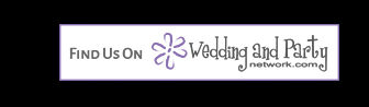 “Find Us On” banner for Wedding and Party Network.com with purple flower logo on a white background