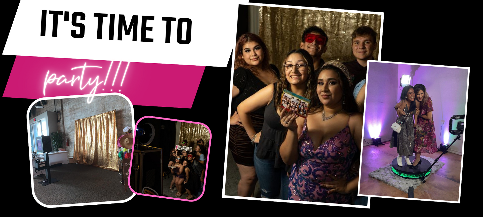 Party invitation collage with “It’s time to party!!” text, women in purple dresses, and event photos