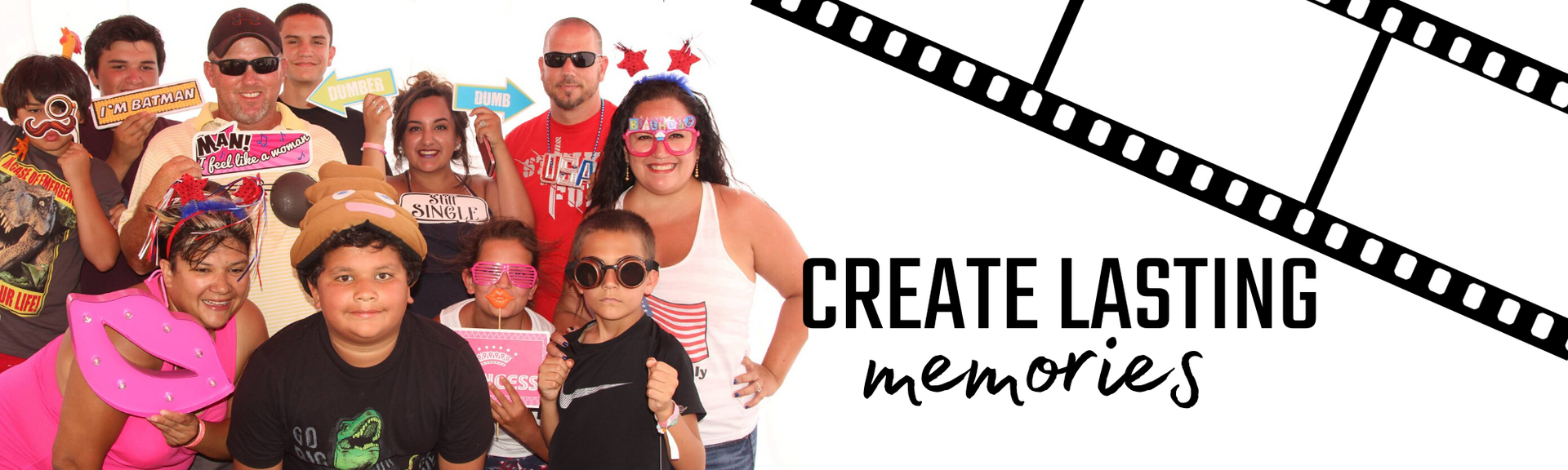 Group of people in colorful swimwear with a filmstrip graphic and the words “Create lasting memories”