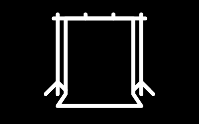 White line drawing of a window with curtains on a black background