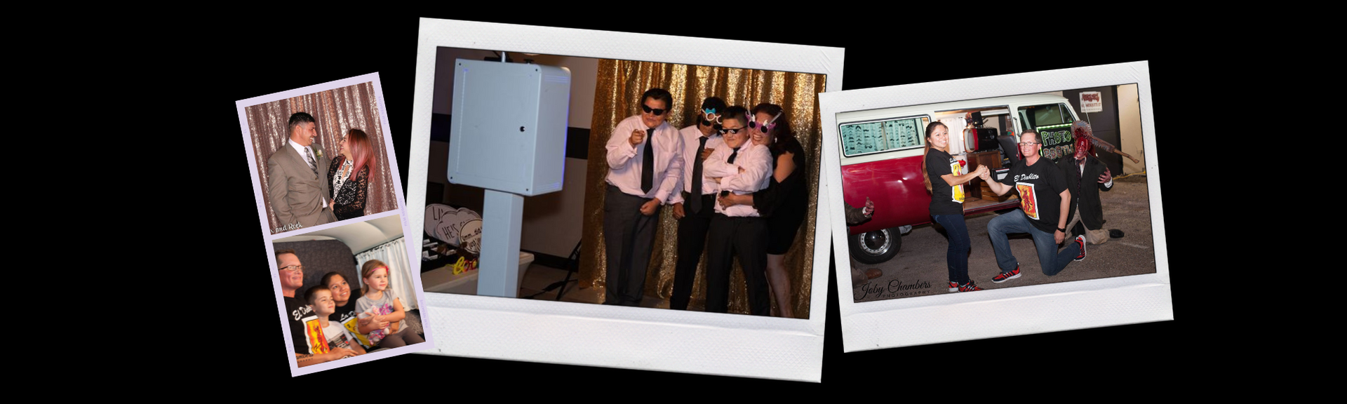 Three polaroid-style photos on a black background, showing groups of people posing outdoors.