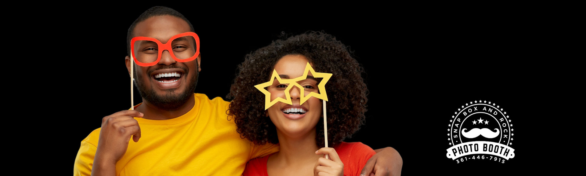 Two smiling people in bright sunglasses on a yellow background, with a small white logo on the right.