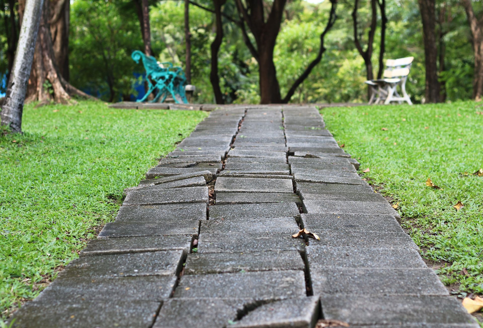 Cracked stone path through a green park, with benches in the distance.