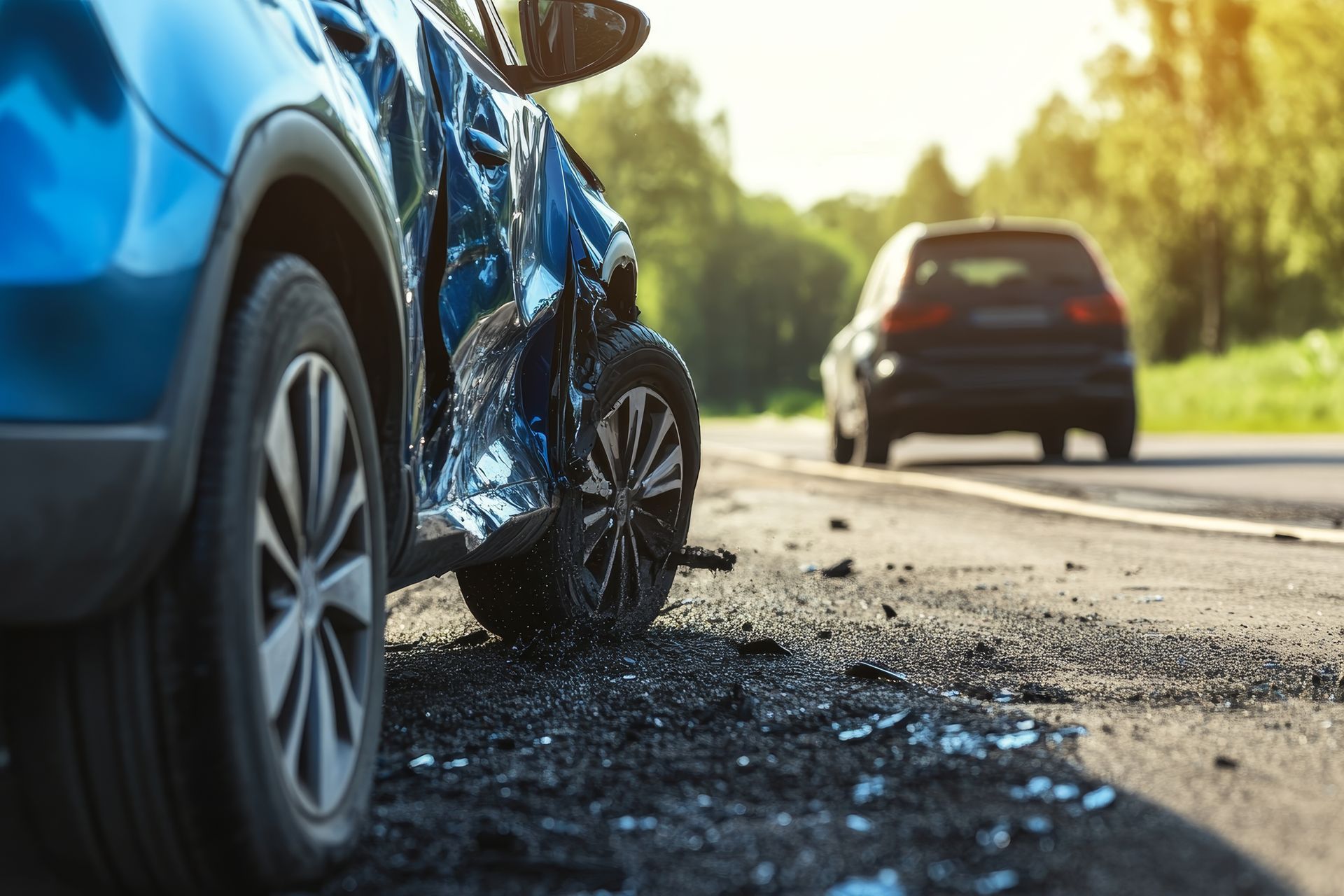 Blue car with severe damage on side of road after an accident. Another car drives in the distance.