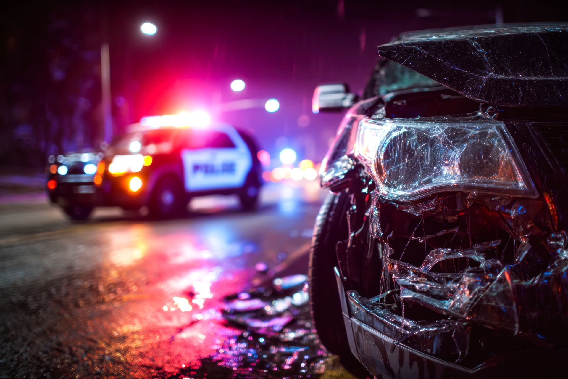 Damaged car near flashing police lights on a rainy night road scene