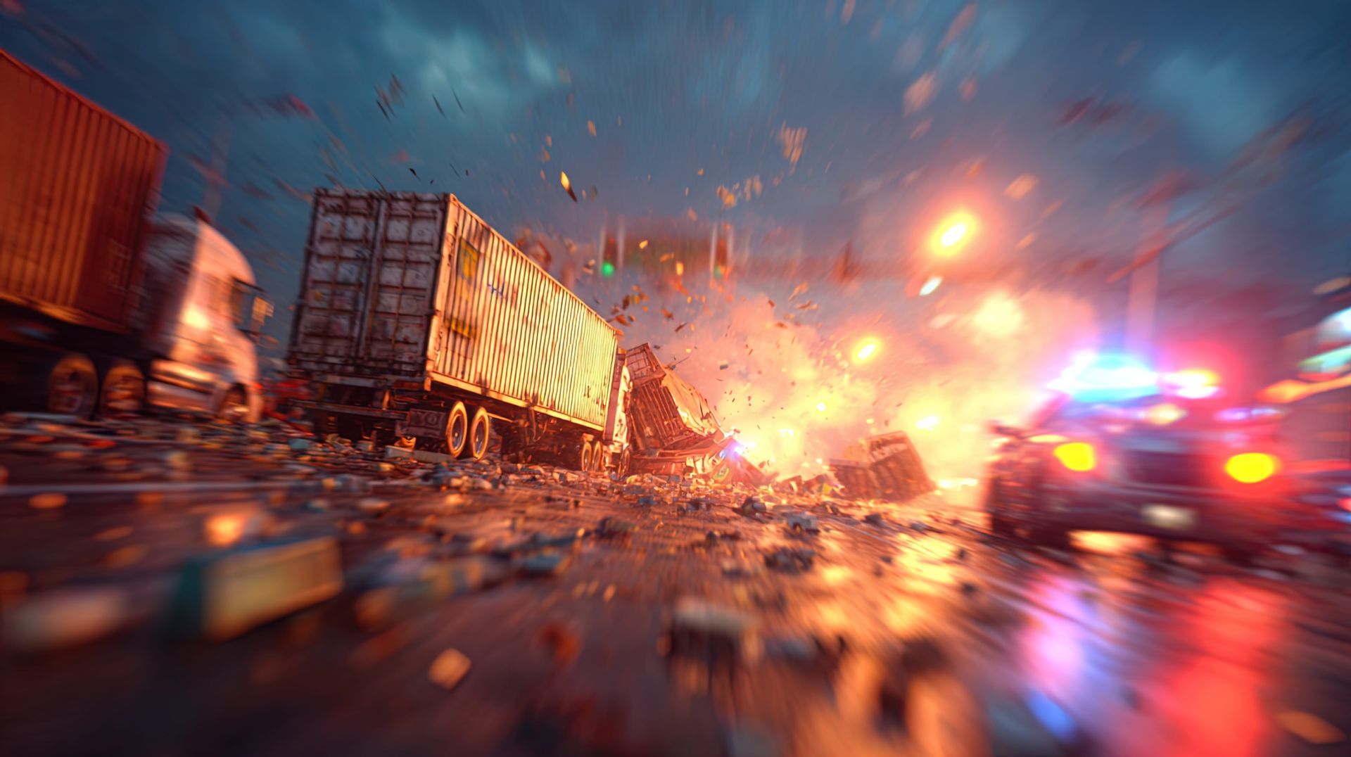 Explosion on highway. Semi trucks and debris in fiery chaos, police car with flashing lights.
