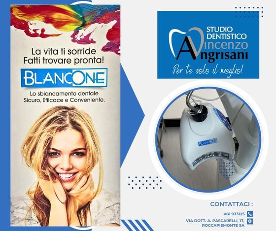 Pubblicità di una clinica dentistica con una donna sorridente, logo blu e la foto di un dispositivo odontoiatrico