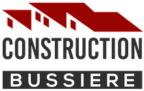 Logo de Construction Bussierre : formes de toits rouges au dessus du nom de l'entreprise en noir, et 