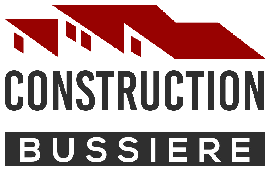 Logo de Construction Bussierre : formes de toits rouges au dessus du nom de l'entreprise en noir, et 