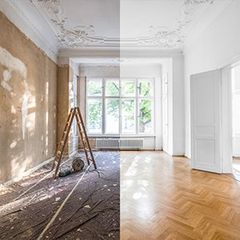 Comparaison des chambres rénovées : Côté gauche, non fini ; Côté droit, lumineux et nouvellement fini avec parquet.