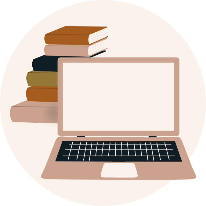 Illustration of books and a computer representing online therapy across Oakland and the Bay Area.