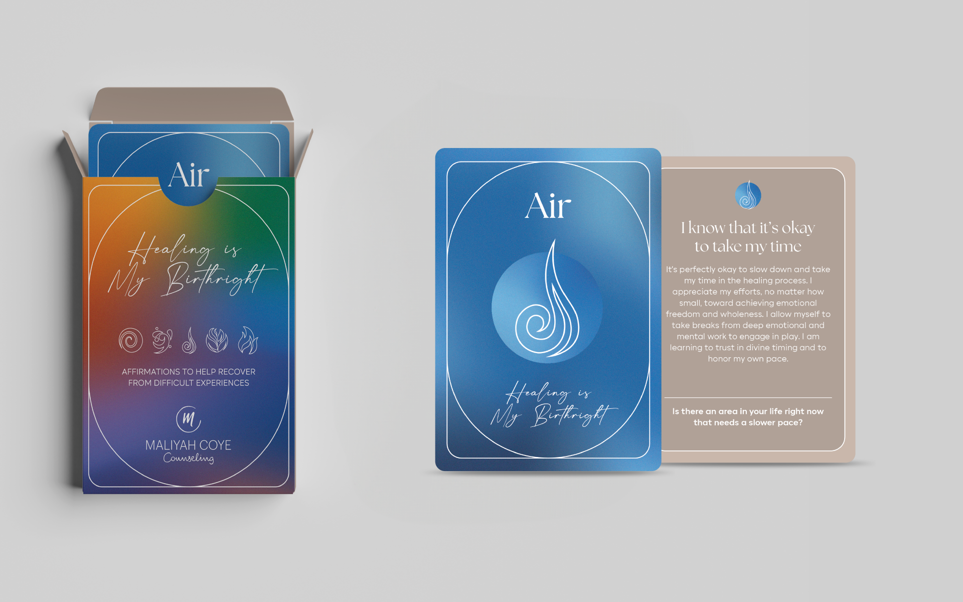 Healing Is My Birthright affirmation card deck designed to support mental wellness for therapy-goers and therapists alike.