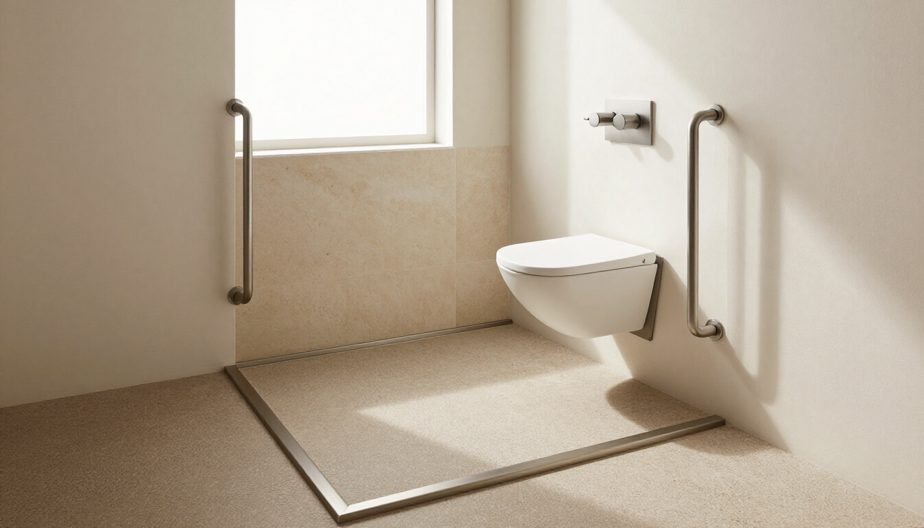 Accessible shower with grab bars, fold-down seat, and shower head in a bright bathroom.
