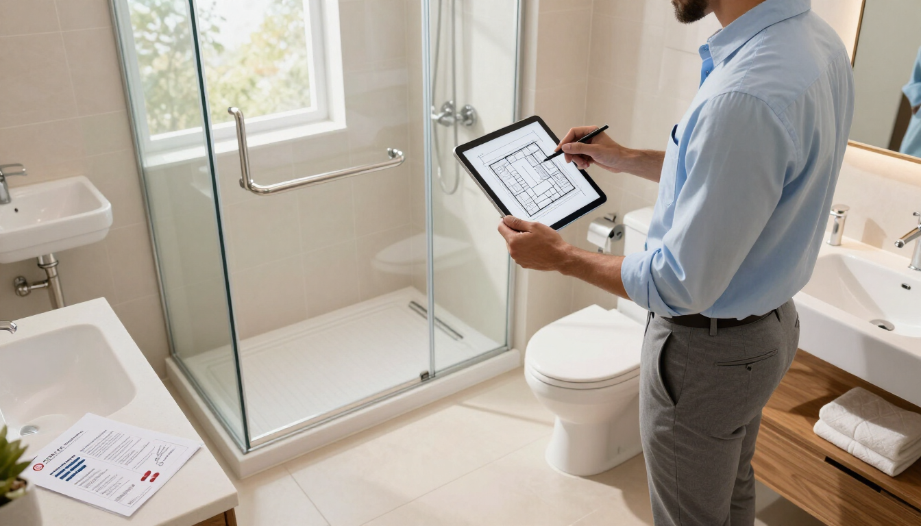 Person holding a tablet in a modern bathroom, standing by a shower and sink.