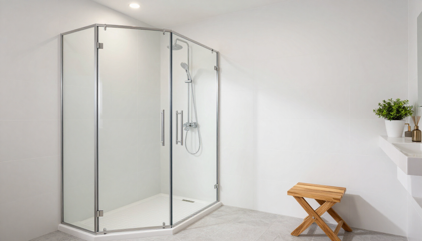 Modern walk-in shower with glass doors, chrome fixtures, and a small wooden stool in a bright bathroom.