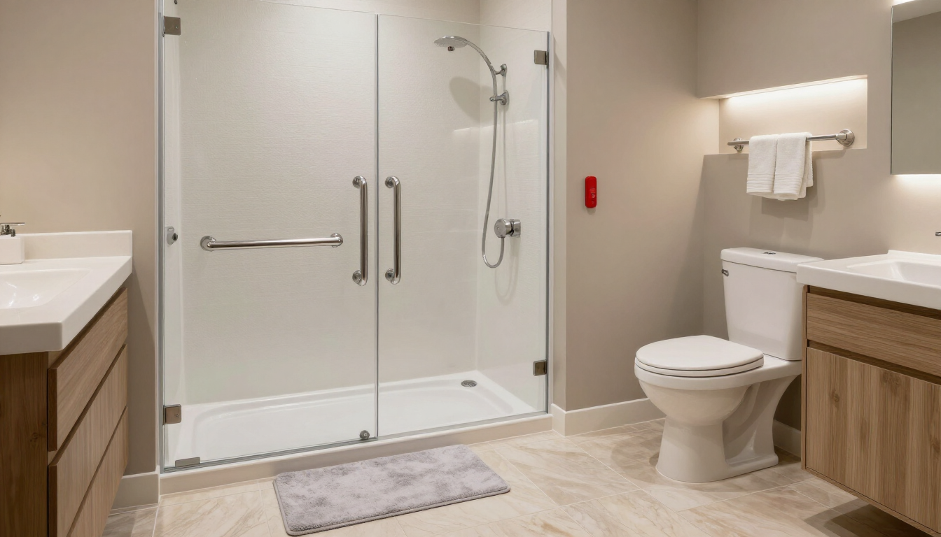 Accessible bathroom with walk-in shower, toilet, sink, and beige tile flooring