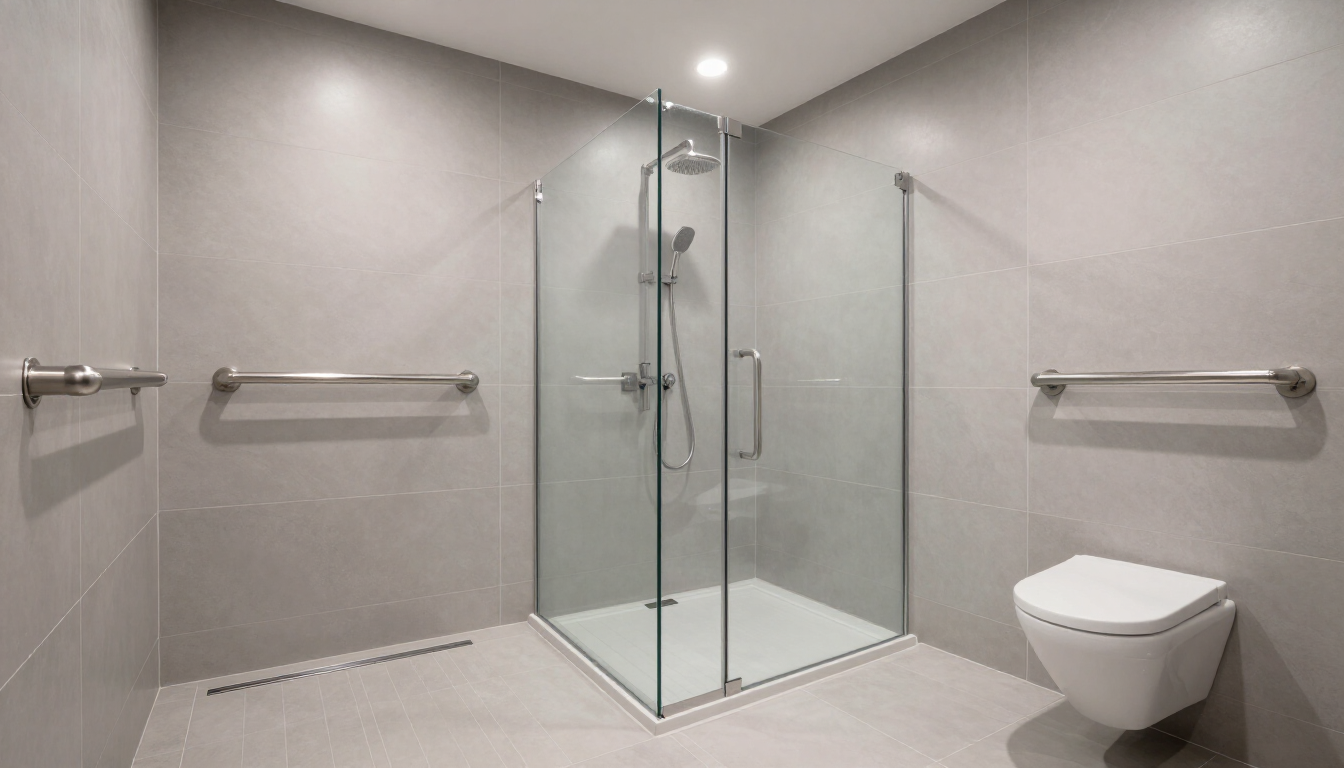 Modern walk-in shower with glass enclosure, gray tiled walls, towel bars, and a wall-mounted toilet.