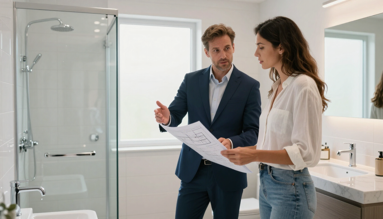 Two people discussing paperwork in a bright modern bathroom next to a glass shower.
