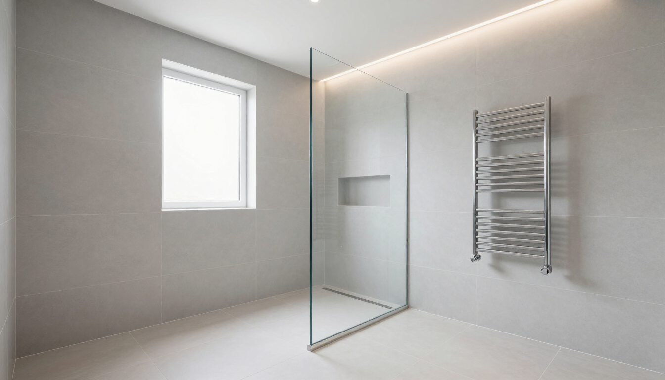 Modern minimalist bathroom with glass shower, wall-mounted towel rack, and small window
