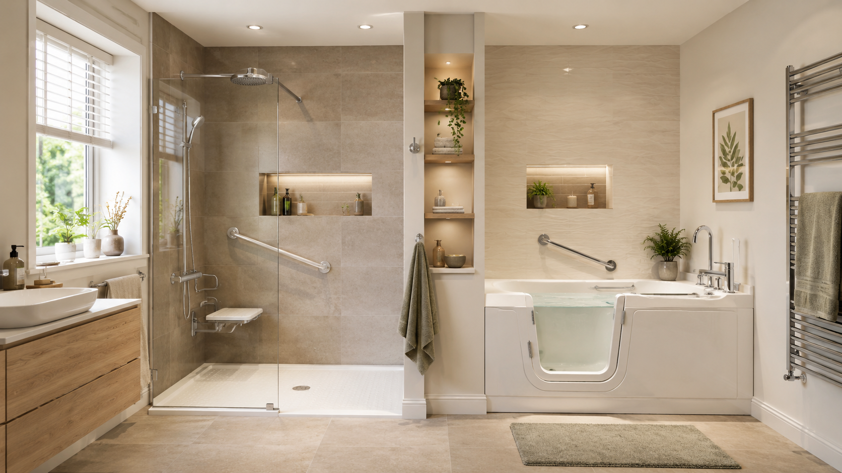 Spacious beige bathroom with walk-in shower, soaking tub, vanity, and window light