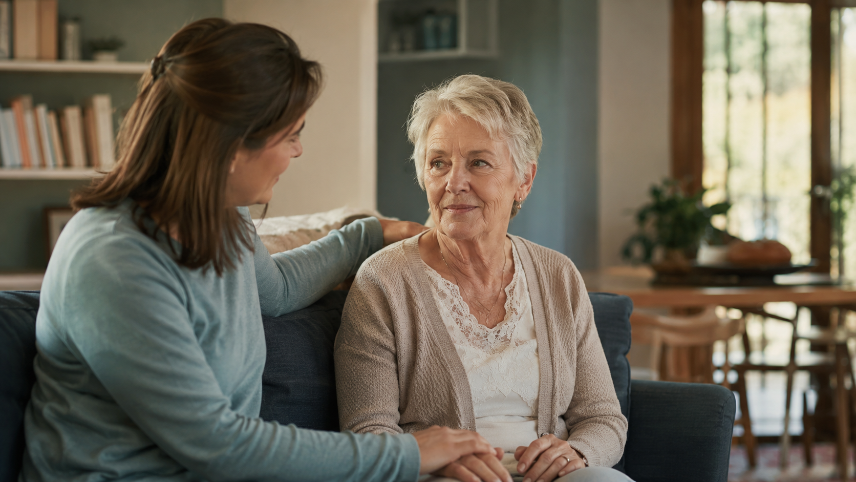 Two women sit on a couch in a warm living room, one comforting the other with a hand on her shoulder.