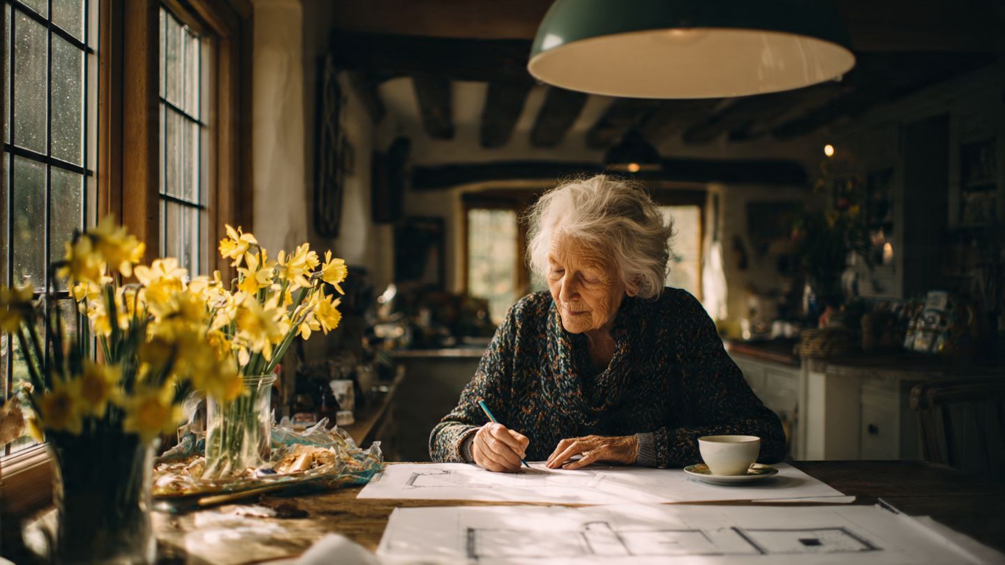 An elderly person writes at a wooden table near a window with yellow flowers, lit by a large hanging pendant lamp.
