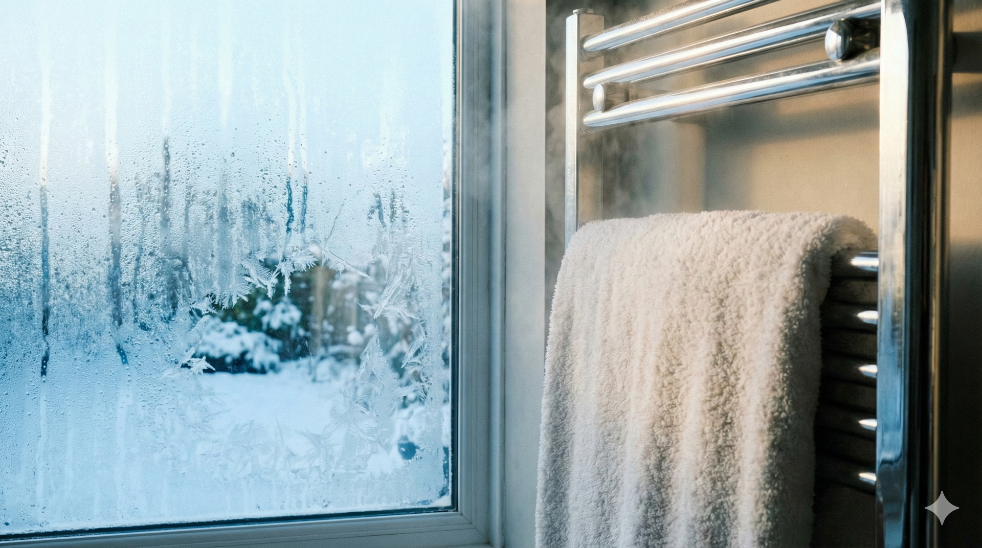 Window with condensation, snow-covered trees, towel on heated rack in a bathroom.