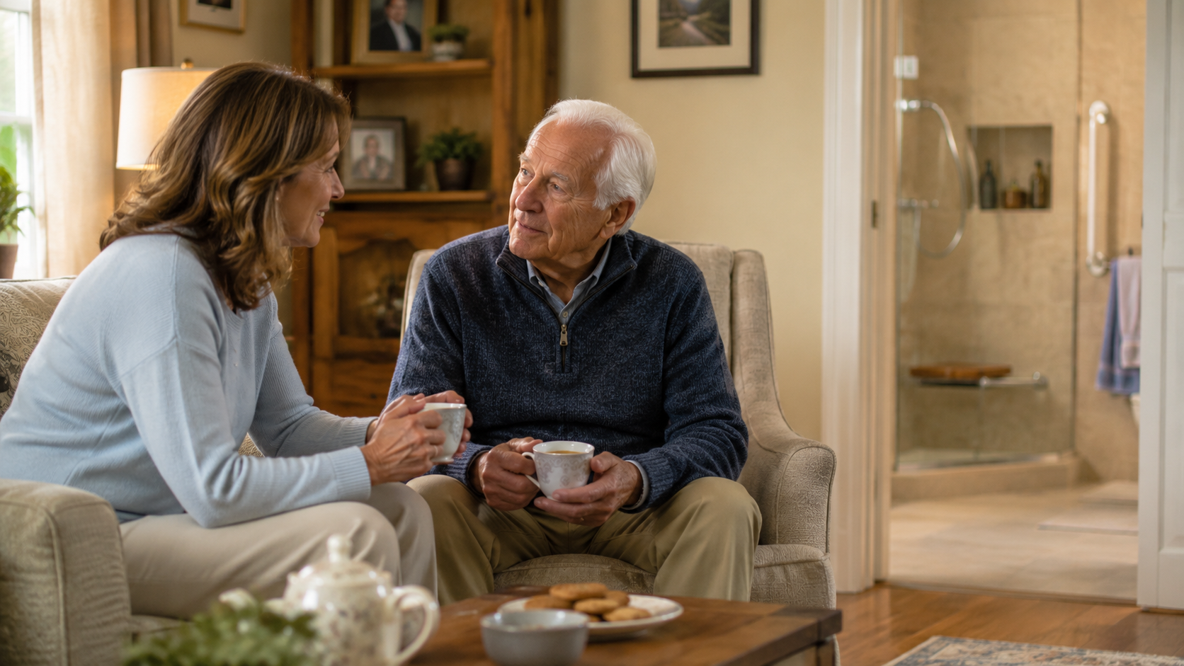 Two people sitting and talking over tea in a cozy living room, with a kitchen in the background