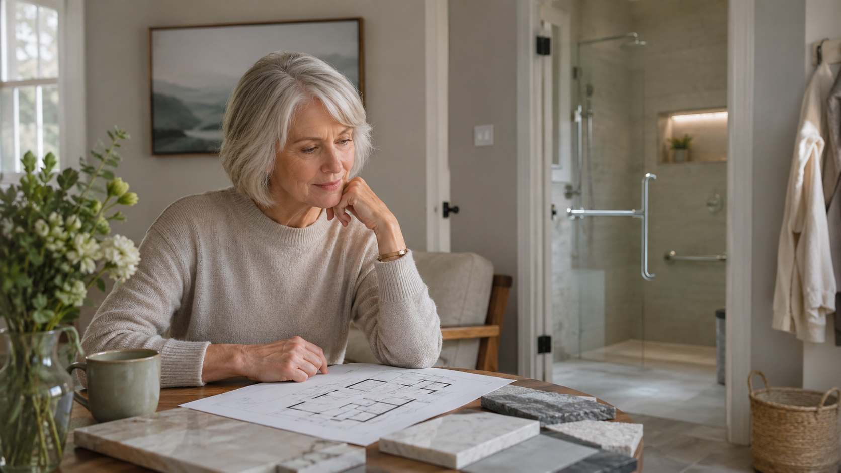 Person at a table reviewing papers in a bright home interior, with a bathroom visible in the background.