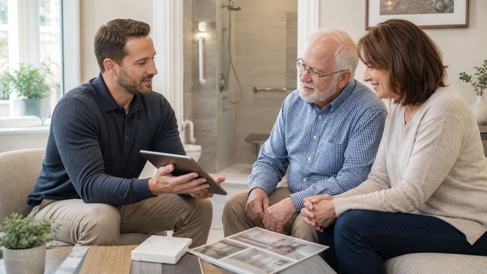 Three people sit on a sofa discussing documents in a bright living room.